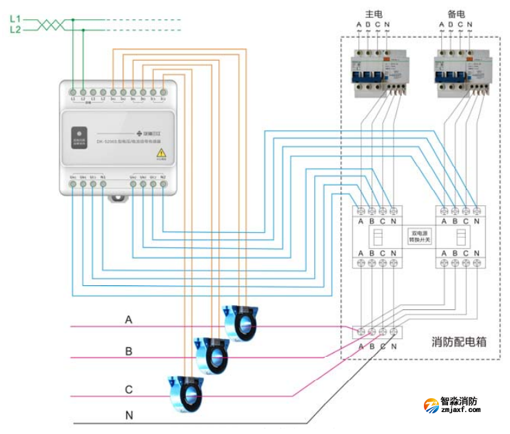 DK-5206S三相四线双电源电压/电流传感器接线图