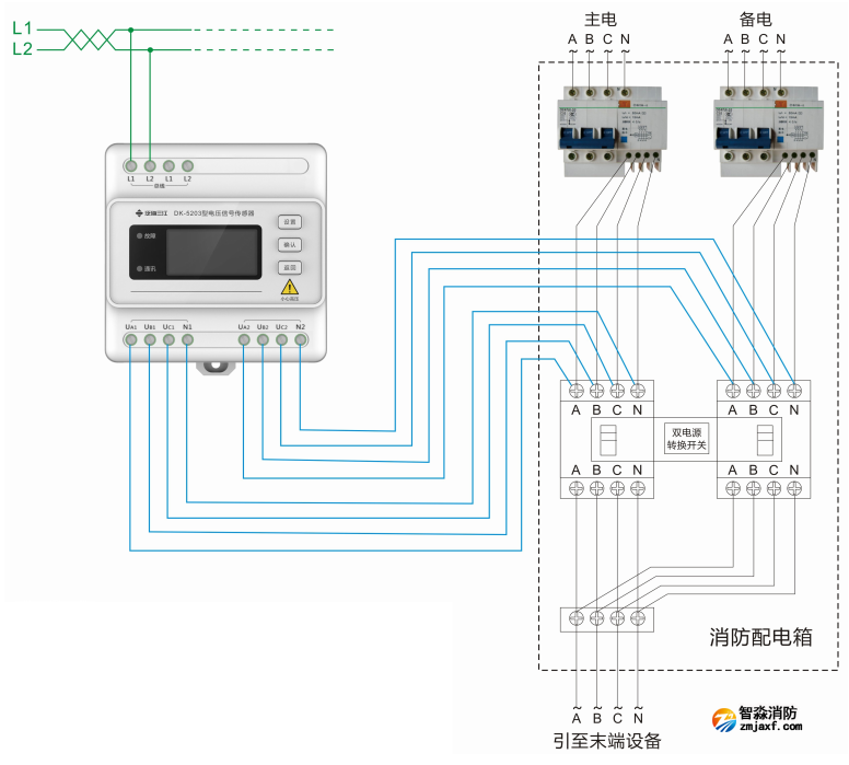DK-5203三相四线双电源电压传感器接线图