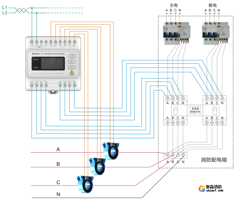 DK-5206三相四线双电源电压/电流信号传感器接线图