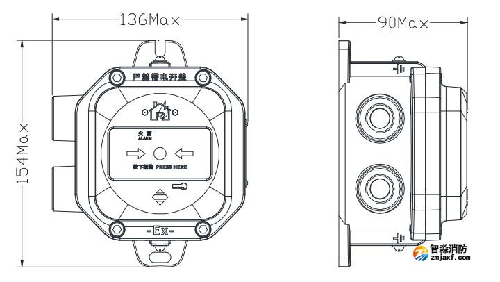 J-SAP-M-A62G-Ex隔爆型手动火灾报警按钮外观尺寸