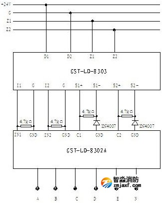 GST-LD-8303型模块与GST-LD-8302A型模块组合连接的方法