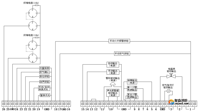 气体灭火控制器安装接线图（有源输出）