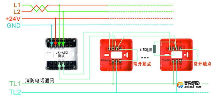 JK-A52输入模块接非编码A62K手报接线图