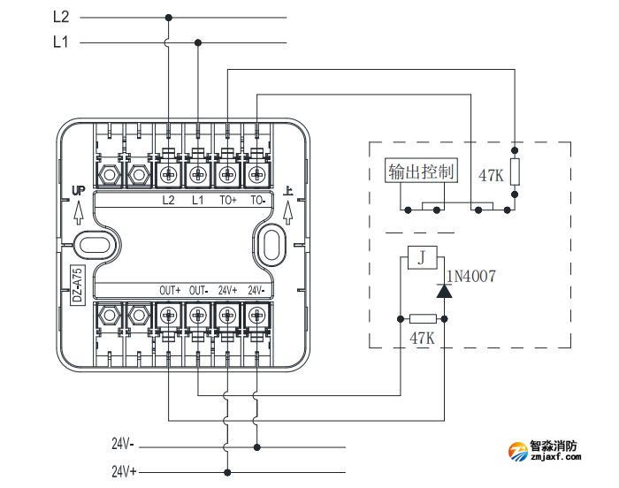 KZJ-A75输入输出模块输入常闭检线接线图