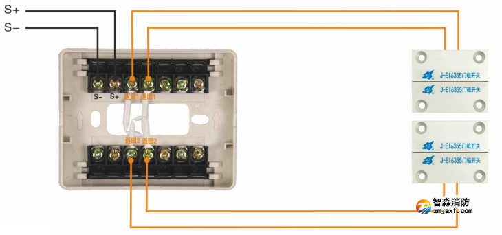 J-EI6342防火门监控模块接门磁开关接线图（常闭式双扇防火门）